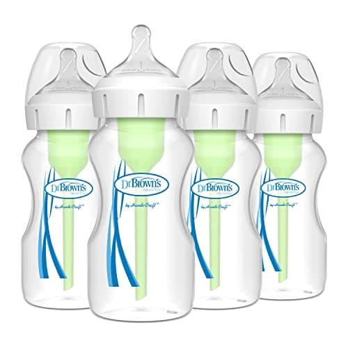 Dr. Brown's Natural Flow Anti-Colic Options+ Wide-Neck Baby Bottles 9 oz/270 mL,with Level 1 Slow Flow Nipple,4 Count,0m+