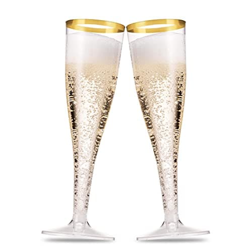 Munfix 50 Pack Gold Rimmed Plastic Champagne Flutes 5 Oz Clear Plastic Toasting Glasses Fancy Disposable Wedding Party Cocktail Cups with Gold Rim