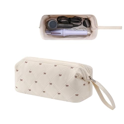RSRSLEII Large Quilted Hair Tools Travel Bag with Bow Pattern,Waterproof Hair Styling Accessories Storage Case for Shark FlexStyle, Dyson Airwrap Hair Dryer, Curling Iron, Revlon Hair Tools(Beige)