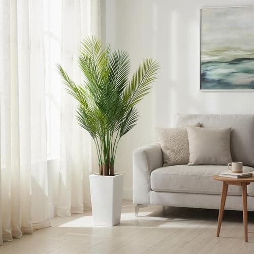 4.5FT Artificial Palm Tree, Tall Faux Tropical Areca Plants with White Tall Planter, Fake Potted Tree with Lifelike Leaves for Indoor Living Room Bedroom Home Office Decor
