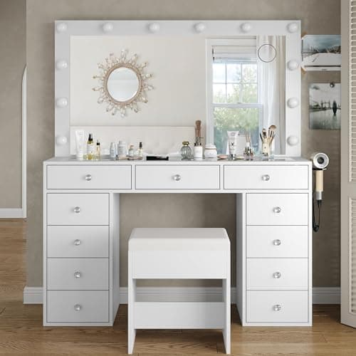 Yanosaku Vanity Desk & Power Outl, Makeup Vanity with Mirror and 12 LED Lights, Makeup Table with 11 Drawers, Vanity Table with Chair,Set 3 Lighting Modes Brightness Adjustable-(White)