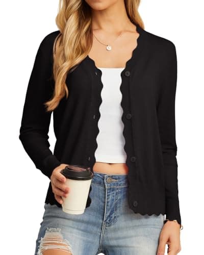 GRECERELLE Women's Long Sleeve V-Neck Button Down Cardigan Knit Shrugs Sweaters(Black, Large)