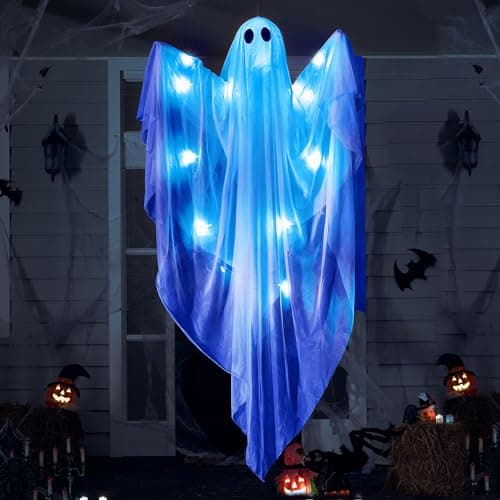 JOYIN Halloween Hanging Light up Ghost with Spooky Blue LED Light, 47” White Hanging Ghosts, Halloween Hanging Decoration for Front Yard Patio Lawn Garden Party Decor Indoor Outdoor