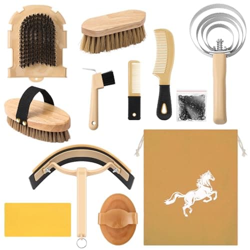 Abbylike 12 Pieces Horse Grooming Kit Tack Room Supplies Horse Brush Sets Equine Care Cleaning Kit Shedding Grooming Massaging Tools(Khaki)