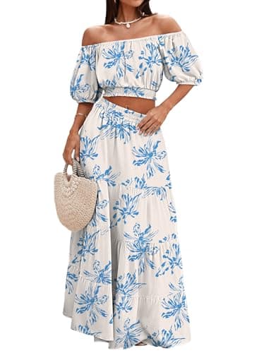 HUUSA Two Piece Outfits for Women Sexy Floral Off Shoulder Crop Top and High Waisted A Line Boho Skirt Dress Set with Pockets Blue Floral S
