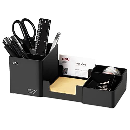deli Desk Organizer, Plastic Desktop Organizer with Pencil Holder and Sticky Note Tray, Office Stationery Supplies Organizers Accessories Caddy, 6 Compartments, Black