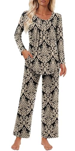 Findsweet Pajamas Sets for Women Soft Long Sleeve Pjs Top and Pants with Pocket Sleepwear 2 Piece Ladies Loungewear S, Floral Khaki-black