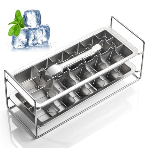 Stainless Steel Ice Cube Trays with lever and Stand for Freezer - Large Metal Ice Mold with Silicone Lid, Non-Toxic Whiskey Ice Cubes Tray, Easy Release Reusable Kitchen Essential (Set of 2)