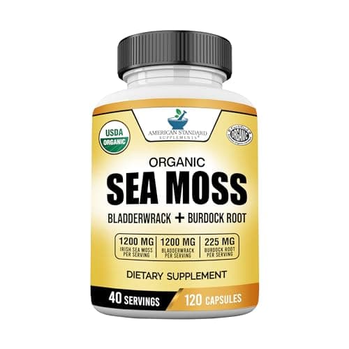 American Standard Supplements Organic Sea Moss, Bladderwrack & Burdock Root Capsules - 1200mg Sea Moss, 1200mg Bladderwrack, 225mg Burdock Root Per Serving - 120 Capsules, 40 Servings