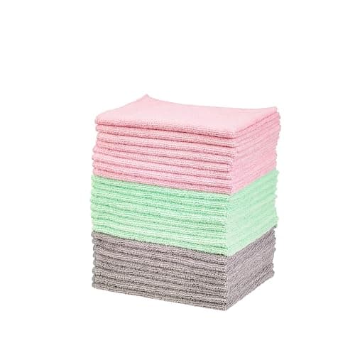 Amazon Basics Microfiber Cleaning Cloths, Ultra Soft and Absorbent, Free from Streaks/Lint/Scratch for Cars, 16" x 12", Green/Gray/Pink, 24-Pack