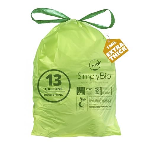 Simply Bio 13 Gallon Compostable Trash Bags Drawstring, Heavy Duty Extra Thick 1 Mil, 49.21 Liter, 30 Bags, Tall Kitchen Food Scrap Waste Bag, ASTM D6400, US BPI and OK Compost Home Certified