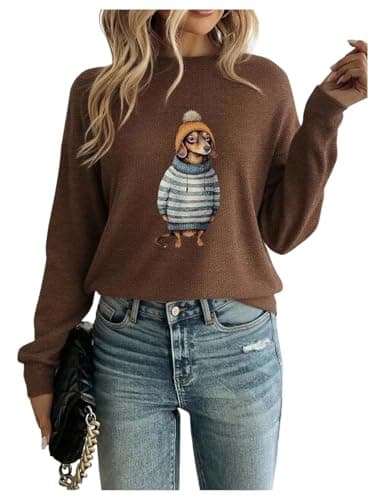 RoseSeek Women's Cartoon Graphic Sweaters Crew Neck Long Sleeve Pullover Sweaters Fall Tops Brown X-Large