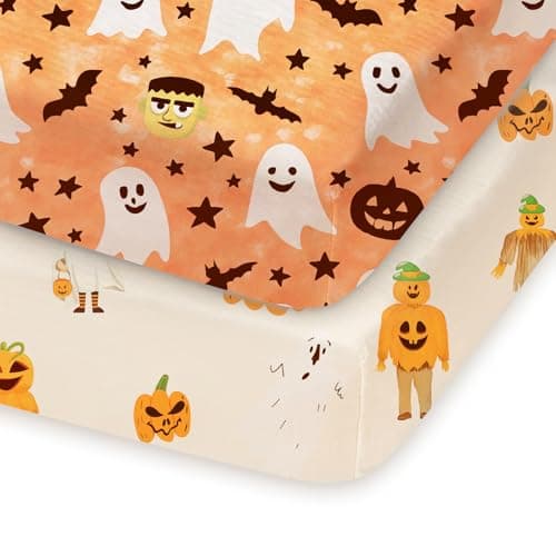 TotChill Halloween Pack and Play Sheets Fitted, Mini Crib Sheets 2-Pack for Pack N Play Mattress, Frankenstein, Pumpkin, Ghost