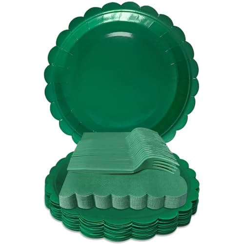 WYQJHKV Dark Green Paper Plates and Napkins,7 Inch Dark Green Scalloped Disposable Dessert Plates Paper Napkin Fork Party Supplies for Wedding Baby Shower Birthday(25 Guest)