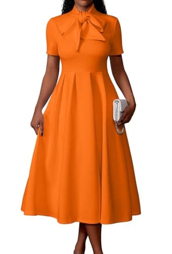 Memoriesea Women's Elegant Casual Short Sleeve Work Party A-Line Dress with Pockets Orange