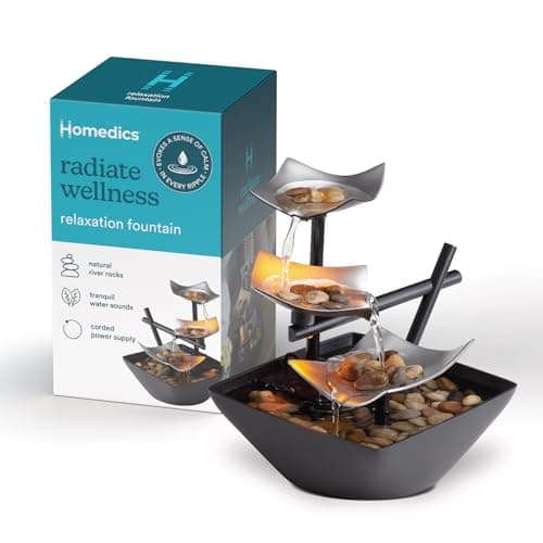 Homedics Tabletop Water Fountain, Home Décor Soothing Sound Machine - Automatic Pump, Deep Basin & Natural River Rocks. Indoor Zen Relaxation for Office, Living Room, or Bedroom, 8.25” Tall