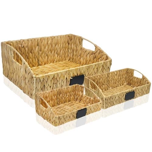 3 Pack Natural Water Hyacinth Storage Baskets with Handles, Handwoven Wicker Storage Bins, Basket for Pantry, Kitchen, Bathroom, Laundry Room or Shelves
