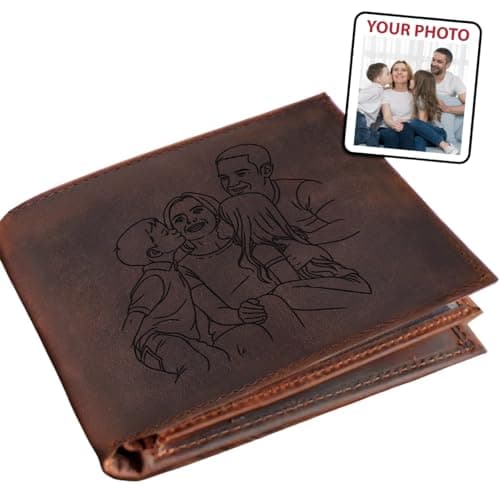 Custom Photo Wallet for Men, Personalized Men Gifts for Christmas, Anniversary, Birthday, Fathers Day, Him, Dad, Boyfriend, Husband, Son, Groomsmen. Engraved Family Photos to Genuine Leather Wallets
