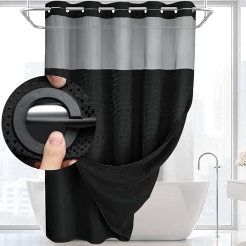 YellyHommy No Hook Shower Curtain with Snap in Liner Set Less Time Black Waffle Shower Curtain for Bathroom 75" L x 72" W