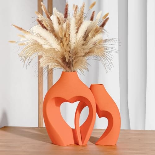 Zormon Orange Vases for Decor, Heart Shaped Ceramic Vase Set of 2, Nordic Heart Shaped Vases, Minimalist Decorative Vase for Table Centerpiece Wedding Dining Living Room Office House Decoration