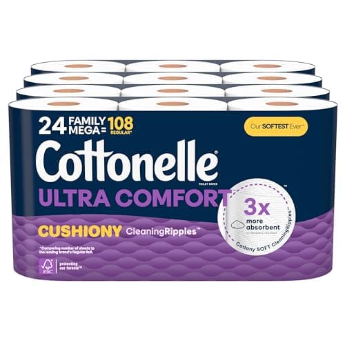 Cottonelle Ultra Comfort Toilet Paper with Cushiony CleaningRipples Texture, 24 Family Mega Rolls (24 Family Mega Rolls = 108 Regular Rolls) (4 Packs of 6), 296 Sheets per Roll, Packaging May Vary