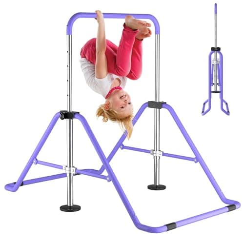 WATBKHE Gymnastics Bar for Kids Age 3-7 Years Old, Gymnastic Equipment for Kids Home, Adjustable & Folding Gymnastic Training Bar for Hanging, Pull Up, Tumbling Workout for Girls Boys (Purple)