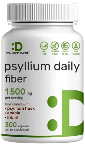 Psyllium Husk 1500mg Per Serving, 300 Capsules – 3 in 1 Fiber Supplement with Inulin & Acacia Complex – Natural Soluble Fiber, Supports Digestive Health – Plant Based, Non-GMO