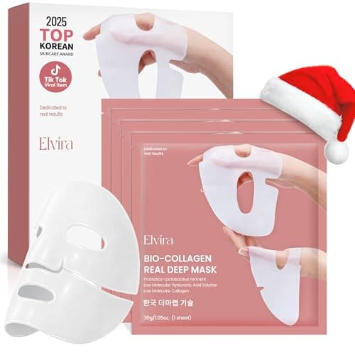 Elvira Bio-Collagen Real Deep Mask, Overnight Hydrating Face Mask with Hyaluronic Acid, Korean Skincare Face Mask for Moisturizing and Firming, Face Masks Sheet for All Skin Types, 4 Pack