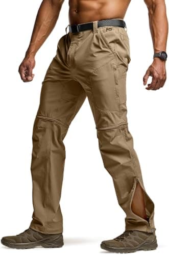 CQR Men's Convertible Cargo Tactical Pants, Water Resistant Outdoor Hiking Pants, Zip Off Lightweight Stretch Work Pants, Convertible Cargo W/Belt Coyote, 34W x 32L