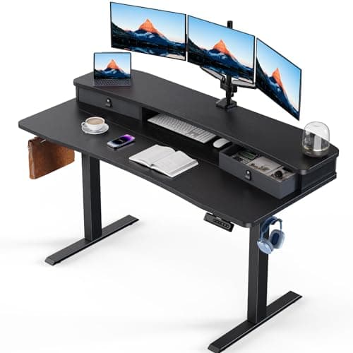 HUANUO 55″ x 26″ Electric Standing Desk with 2 Drawers, C-Clamp Mount Compatible, Height Adjustable Computer Desk, Home Office Stand Up Desk with 4 Preset Heights & 2 Hooks, Black