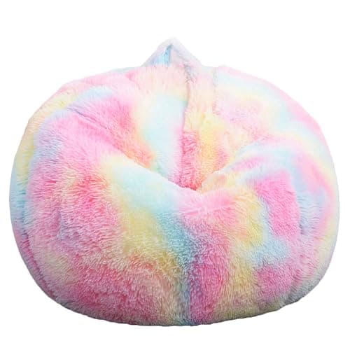 Fluffy Stuffed Animal Storage Bean Bag Chair Cover (No Filler), Faux Fur Comfy Bean Bag Cover for Organizing Plush Toys or Textile, for Adults Teens Kids Girls, Rainbow