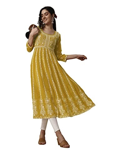 EthnicJunction Women's Lucknowi Chikankari Embroidered Thread Work Georgette Anarkali Kurta (Large) (Mustard)