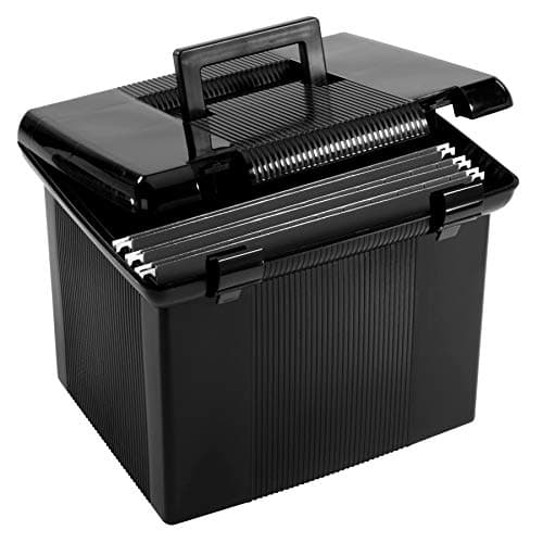 Best Plastic File Boxes #8 from Pendaflex Pendaflex Portable File Box with File Rails, Simple Document Storage, File Bin for Home and Office, Hinged Lid with Double Latch Closure, Black, 3 Black Letter Size Hanging Folders Included (41742AMZ)