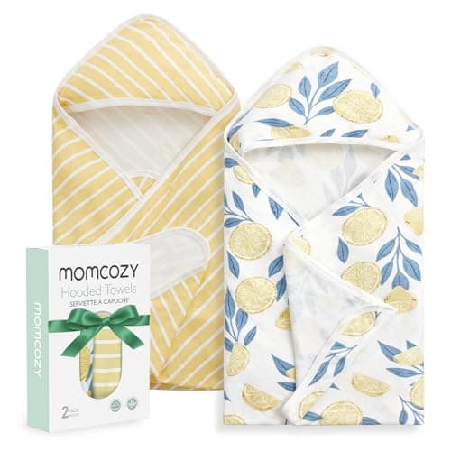 Momcozy Baby Hooded Towel, 2 Pack Baby Towel Set, Super Soft Bath Towel with Original Design, Shower Gifts for Infant, Toddler (28 X 28 Inch, Lemon Leaves)