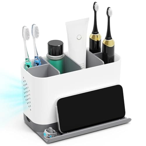 Toothbrush Holders for Bathrooms, Adjustable 6 Slots Electric Toothbrush and Toothpaste Holder, Cord-Friendly Detachable Bathroom Countertop Organizer with Front Ledge for Phone and Ring Holder