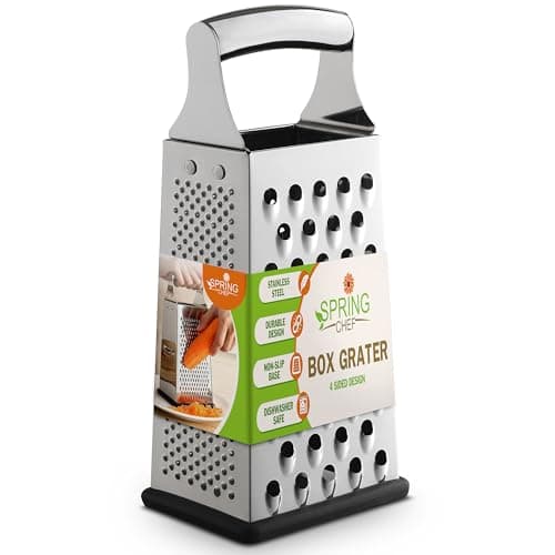 Spring Chef Professional Large Parmesan Cheese Grater, Stainless Steel Metal Box Grater with Handle, 4 Sided Handheld Kitchen Food Shredder for Cheese, Carrot, Veggie, Ginger, Potato - Dishwasher Safe