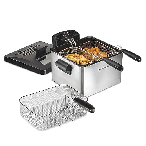 Hamilton Beach Electric Deep Fryer with Lid 4.5 Liters / 19 Cups Oil Capacity, Temperature Control, View Window, Professional Style, 1800 Watts, Three Frying Baskets, Stainless Steel