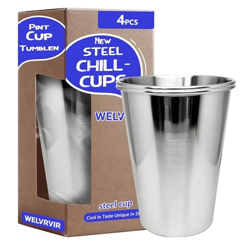 WELVRVIR 20oz 4PCS Stainless Steel Pint Cup,Pint Tumbler,Reusable metal Cups,Stainless Steel Water Tumbler,BPA Free,Stackble,Durable,Unbreakable Metal Drinking Glasses for Bar,Banquet Mugs (4, 20OZ)