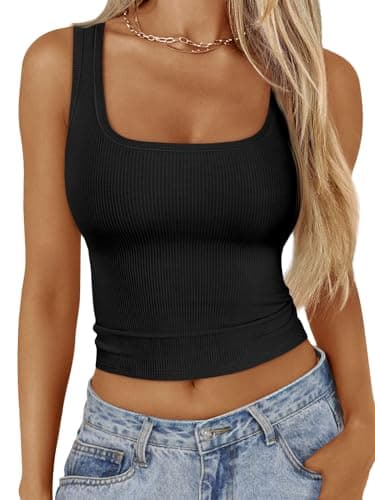 Trendy Queen Womens Going Out Crop Ribbed Tank Tops Summer Clothes Camisole Sleeveless Athletic Travel Outfits Black M