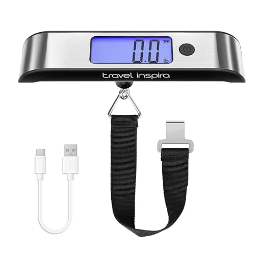 travel inspira Rechargeable Luggage Scale 110lb/50kg - Large Backlit Display - Stainless Steel - Portable Digital Hanging Scale for Suitcases, Bags, Packages (USB -C Charging Included)
