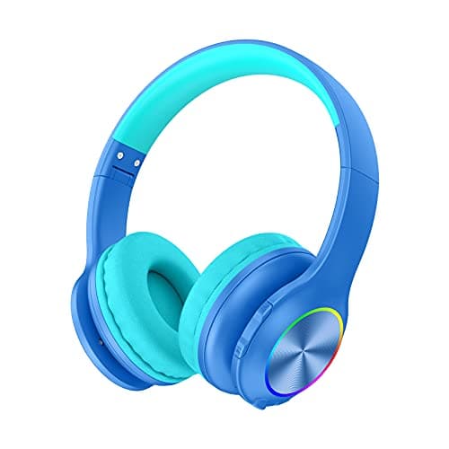 Candy Bila Kids Bluetooth 6.0 Headphones with LED Light, 85Hours Playtimes, Type-C Fast Charging, 85/94dB Volume Limited, Comfort Wireless Headphones with Built-in Mic, Wired & TF Card Mode, Blue
