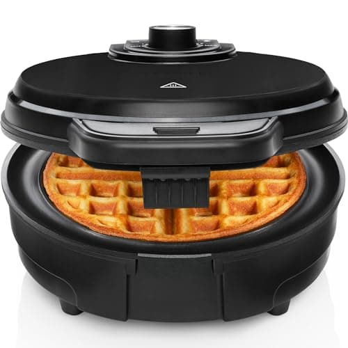 Chefman Anti-Overflow Belgian Waffle Maker w/Shade Selector, Temperature Control, Mess Free Moat, Round Iron w/Nonstick Plates & Cool Touch Handle, Measuring Cup Included, Black