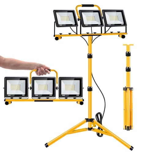 21000 Lumen Work Lights with Stand, 3 Adjustable Head LED Work Light, with Adjustable and Foldable Tripod Stand, Waterproof Lamp with Individual Switch with 6500 Kelvin Color Temperature (Yellow-3)