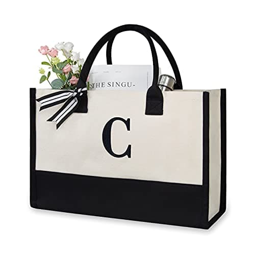 TOPDesign Embroidery Initial Canvas Tote Bag, Personalized Present Bag, Suitable for Wedding, Birthday, Beach, Holiday, is a Great Gift for Women, Mom, Teachers, Friends, Bridesmaids (Letter C)