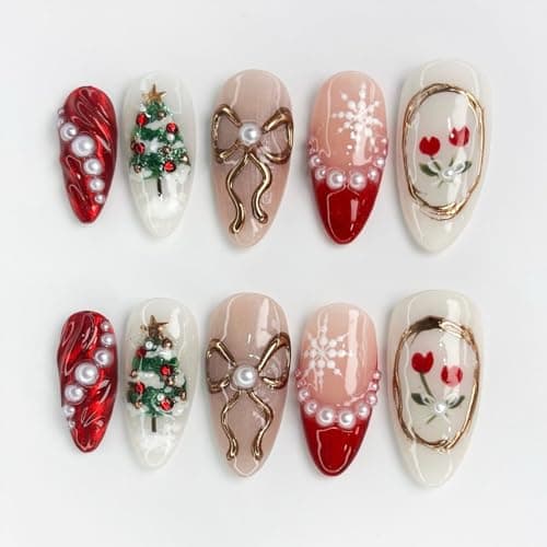 30Pcs Christmas Press on Nails Medium Almond Fake Nails with 3D Pearl Design Winter Snowflake Acrylic Nails Christmas Tree Glue on Nail Red French Tip False Nail for Women Manicure Supplies