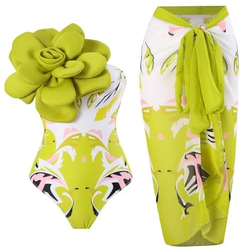 YUNIDMEIM One Shoulder Swimsuits for Women 3D Flower Decoration One Piece Swimsuit with Cover up Set