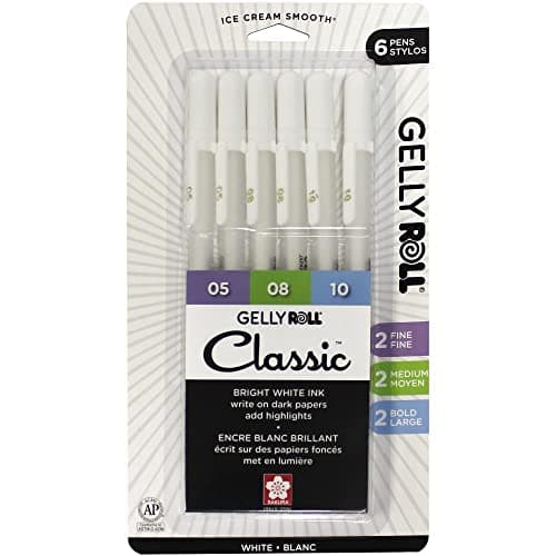 SAKURA Gelly Roll Gel Pens - Fine, Medium & Bold Tip Ink Pens for Journaling, Art, or Drawing - For Art Gifts, Holiday Gifts & DIY Projects - Classic White Ink - 05/08/10 Assorted Tip Sizes - 6 Pack