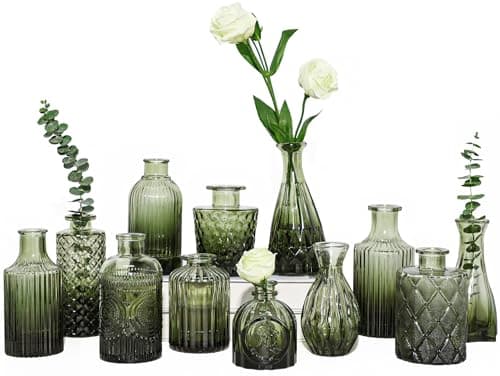 TBWIND 12pcs Green Glass Bud Vases Set, Small Vases for Flowers, Bud Vase for Centerpieces in Bulk, Mini Vintage Vase for Wedding Decorations, Office and Home Table Flower Décor