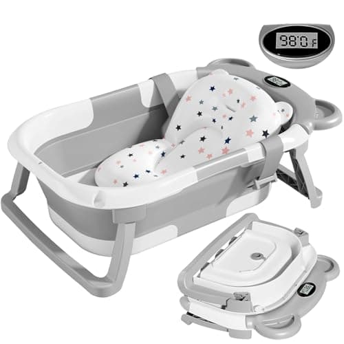 TPN Collapsible Baby Bathtub for Infants to Toddler with Real-time Temp Monitor+Floating Cushion,Foldable Baby Bath Tub Set Applicable 0-36 Month,Perfect Portable Travel Baby Tub for Newborns Boy