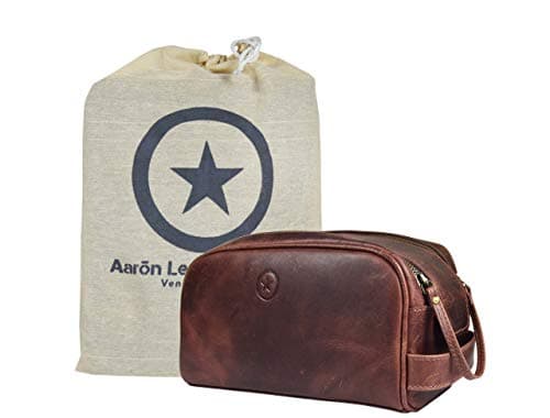 10" Premium Leather Toiletry Travel Pouch With Waterproof Lining | King-Size Handcrafted Vintage Dopp - Kit By Aaron Leather Goods (Dark Brown)